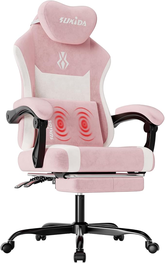 SUKIDA Fabric Video Gaming Chair, Ergonomic High-Back Computer Game Chairs with Large Massage Adjustable Lumbar Support, Headrest and Linked Armrests for Long Hours Sitting Task Chair, Pink