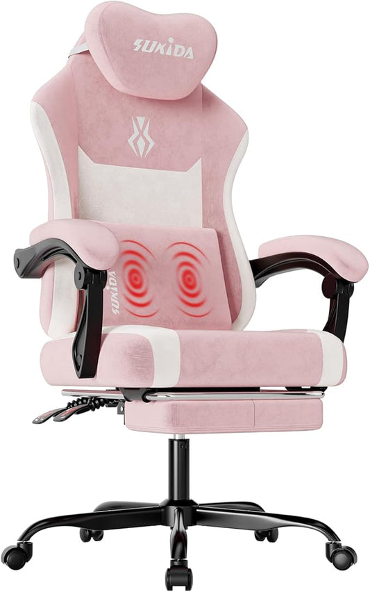 SUKIDA Fabric Video Gaming Chair, Ergonomic High-Back Computer Game Chairs with Large Massage Adjustable Lumbar Support, Headrest and Linked Armrests for Long Hours Sitting Task Chair, Pink