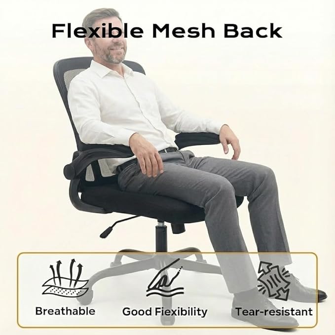 Ergonomic Mesh Office Chair, High Back Desk Chair with Adjustable Lumbar Support & Headrest, Flip-Up Armrests, 300 Lbs Capacity, Swivel Rocking Computer Chair for Home Office Study Bedroom Black