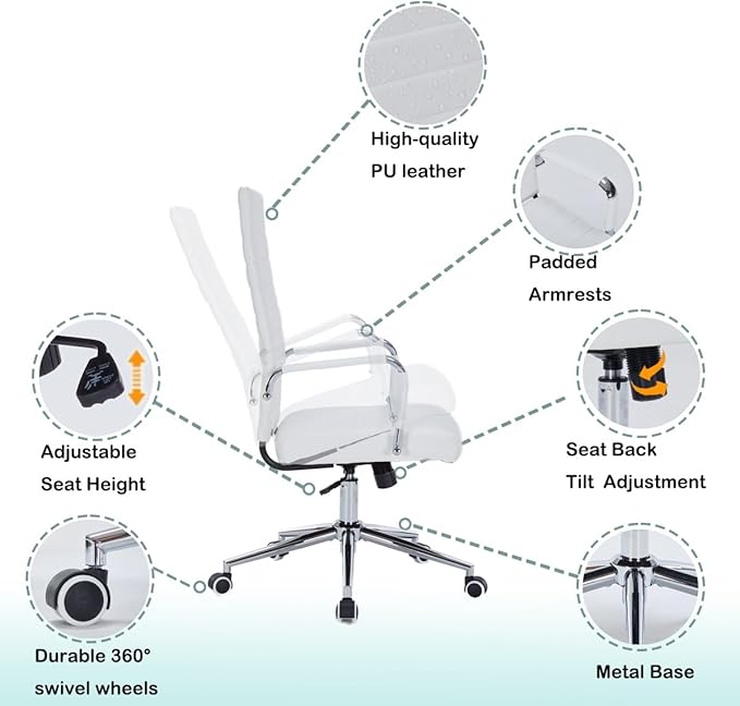 White Leather Ribbed Office Desk Chair, Ergonomic High-Back Executive Conference Room Chairs with Wheels, Adjustable Swivel Computer Task Chair with Arms and Thick Padded Seat