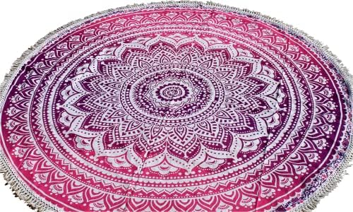 Round Beach Tapestry Turquoise Mandala Throw/Boho Hippie Beach Blanket Roundie/Indian Cotton Bohemian Large Round Table Cloth-Home Decor/Yoga Mat Meditation Picnic Rug (70", Pink and White)