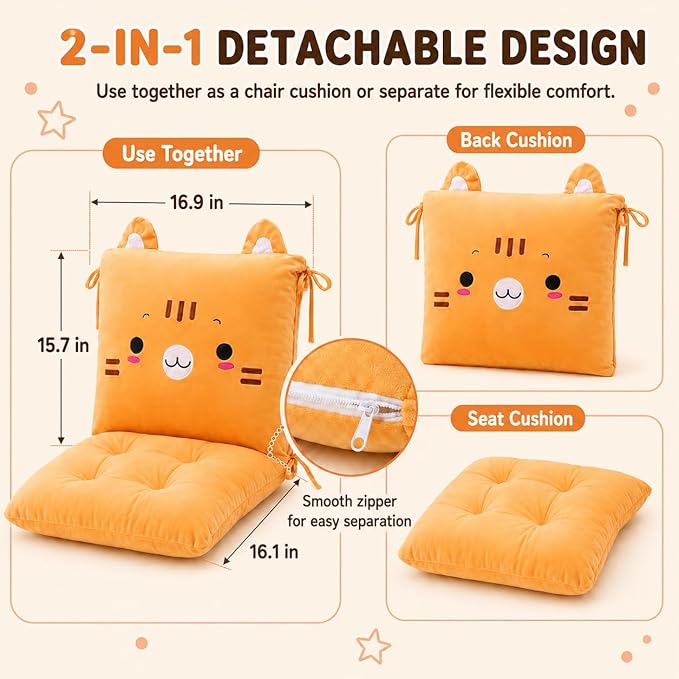ChezMax Chair Cushion Plush Seat Cushion Back Cushion with Ties, Detachable Thickened Desk Chair Pads, Cartoon Waist Pillow Cushion Decor for Chair Car Office Patio Wheelchair, Cartoon Cat