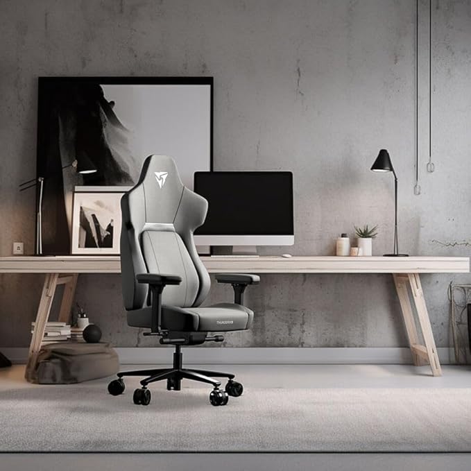 THUNDERX3 CORE Gaming Chair, for Adults Ergonomic Office Chair, High Back Desk Chair, Synchronous Tilt, Forward Tilt, 360° Self-adjusting Lumbar Support, Multipurpose Footrest, Fabric, Loft Light Grey