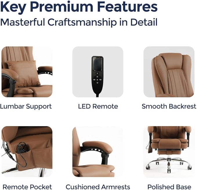 Orbis 4-Point Kneading Heated Massage Office Chair with Foot Rest | 500lbs Big & Tall Ergonomic Executive Desk Chair for Heavy People | Reclining Home Office Computer Chair | Leather Caramel