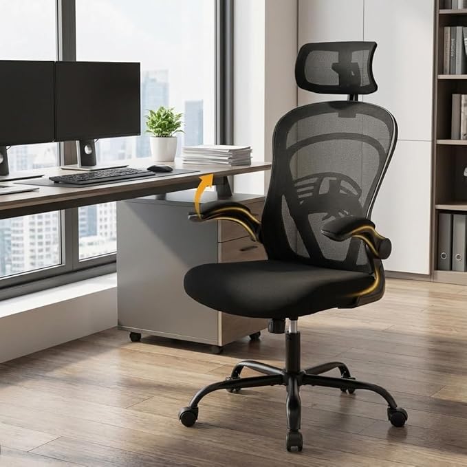 Ergonomic Mesh Office Chair, High Back Desk Chair with Adjustable Lumbar Support & Headrest, Flip-Up Armrests, 300 Lbs Capacity, Swivel Rocking Computer Chair for Home Office Study Bedroom Black