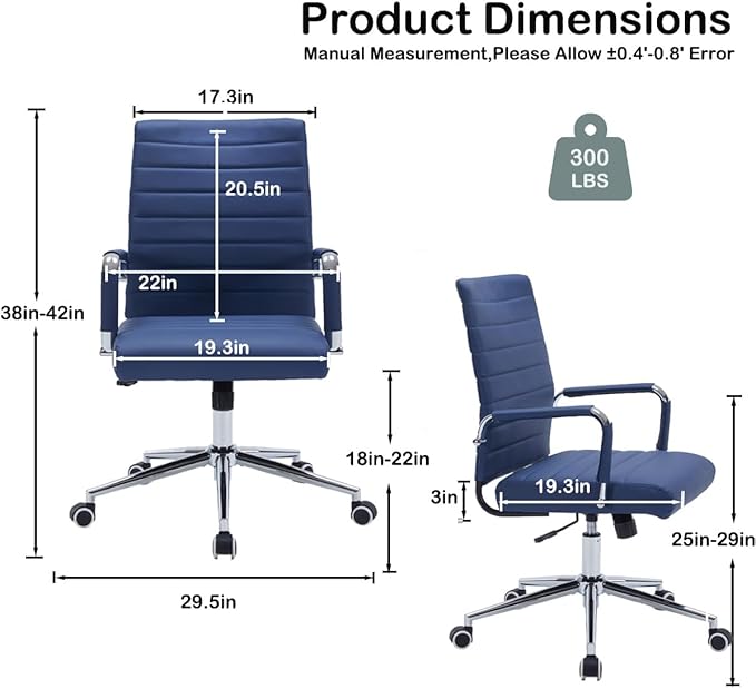 Leather Ribbed Office Desk Chair, Ergonomic Mid-Back Executive Conference Room Chairs with Wheels, Adjustable Swivel Computer Task Chair with Arms and Thick Padded Seat,Navy Blue