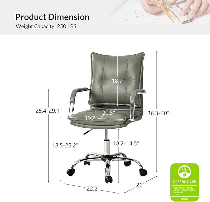 HULALA HOME Faux Leather Home Office Desk Chair, Adjustable Swivel Computer Chair with Sliver Legs and Arms, Comfy Upholstered Task Chair(Sage)