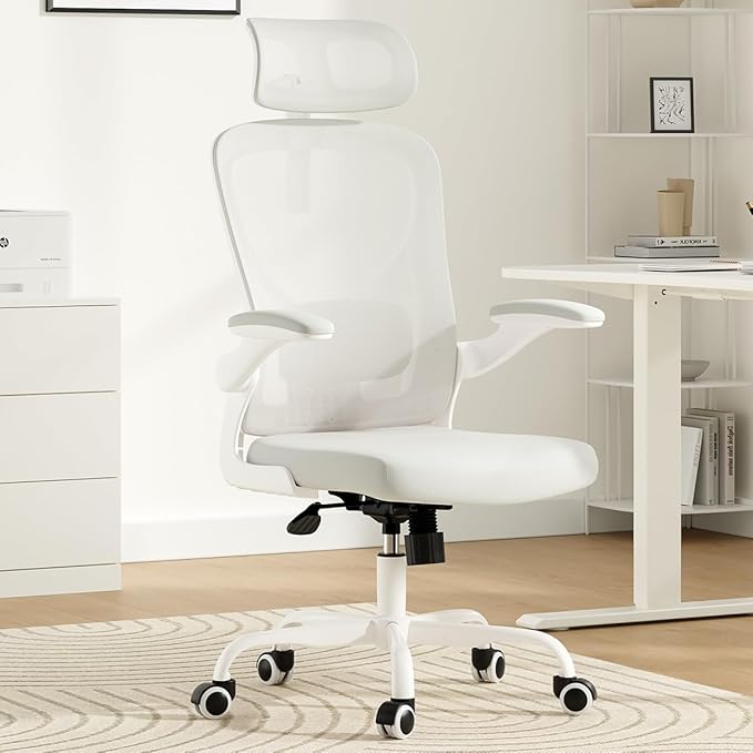 Breathable Mesh Elegance Office Chair, Modern Refined Office Chair with Adjustable Lumbar & Headrest, Minimalist Single Sofa Chairs for Home Office & Study, White