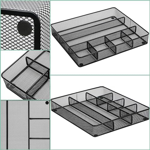 Annova Desk Top Organizer Tray for Office Organization - Metal Mesh - Storage Tray with Dividers for Pens, Desktop Accessories, Bathroom, Kitchen, Makeup and Office Supplies (Large, Black)