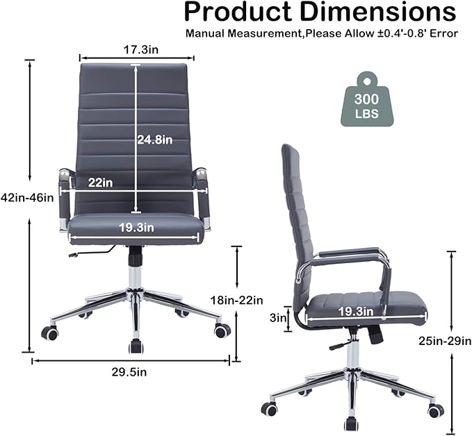 Grey Leather Ribbed Office Desk Chair, Ergonomic High-Back Executive Conference Room Chairs with Wheels, Adjustable Swivel Computer Task Chair with Arms and Thick Padded Seat