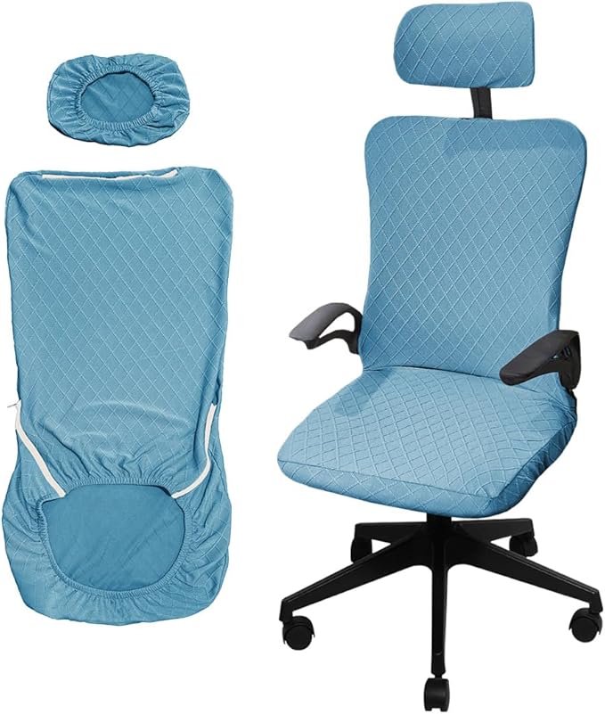 Ergonomic Office Chair Covers Set with Headrest Cover Stretch Desk Computer Chair and Headrest Slipcovers Washable Protector Slipcovers for Swivel Computer Chair 2 Pieces Azure