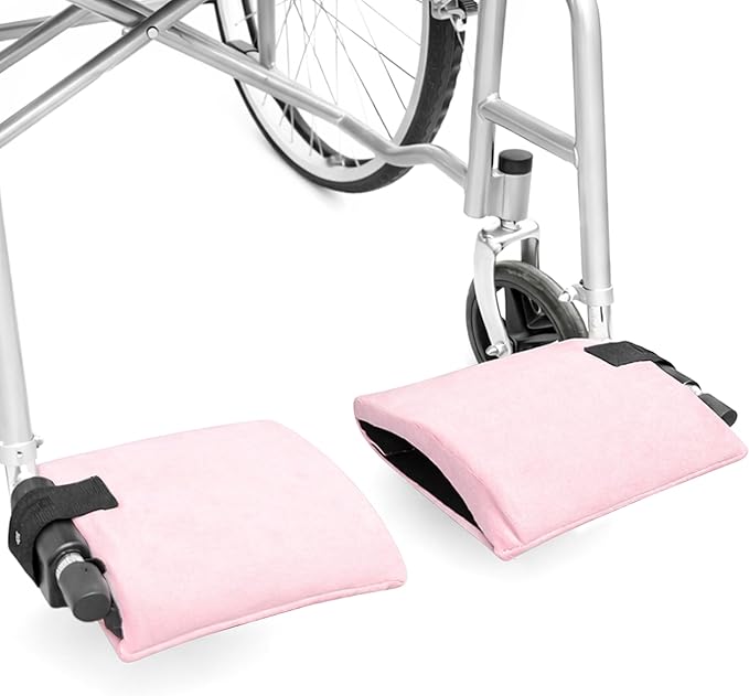 SPRING SEAON Wheelchair Footrest Covers, 1 Pair Soft Plush Foot Rest Pads with Non-Slip Backing, Removable Foam Insert, Hook-and-Loop Closure, Fits Most Standard Wheelchairs (Pink)