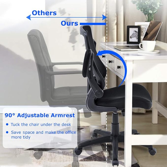 BestOffice Home Office Chair Mesh Desk Chair Computer Chair with Lumbar Support Flip Up Arms Ergonomic Chair Adjustable Swivel Rolling Executive Mid Back Task Chair for Women Adults, Black
