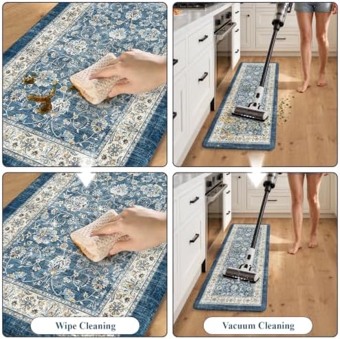 KIMODE Anti Fatigue Kitchen Mats, Boho Vintage Blue Kitchen Rugs Sets of 2