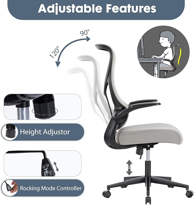 DUMOS Home Office Desk Chair - Ergonomic High Back Mesh Computer Chair with Comfy Flip-up Armrests, Adjustable Height Swivel Task Chair with Wheels, Comfortable Lumbar Support, for Adults, Gery