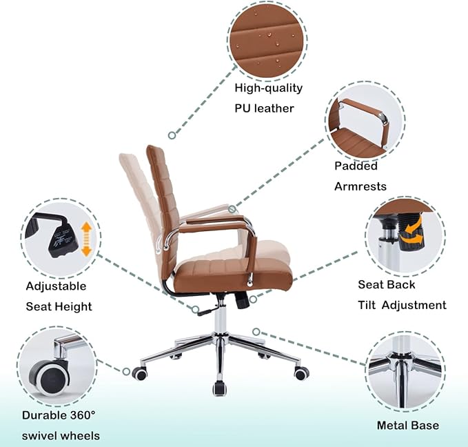 Brown Leather Ribbed Office Desk Chair, Ergonomic Mid-Back Executive Conference Room Chairs with Wheels, Adjustable Swivel Computer Task Chair with Arms and Thick Padded Seat