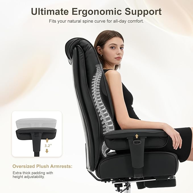 EXCEBET Big and Tall Office Chair 400lbs Wide Seat, Leather High Back Executive Office Chair with Foot Rest, Ergonomic Chairs Lumbar Support for Lower Back Pain Relief (Black)