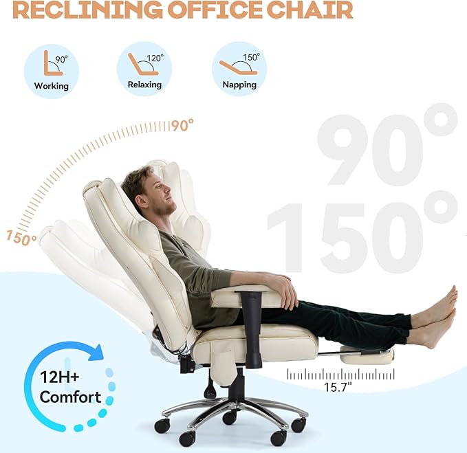 Massage Office Chair with Foot Rest, Ergonomic Executive Heated Office Chair with Reclining Backrest, Adjustable Arms and Lumbar Support, High Back Leather Desk Chairs for Home Office, Beige