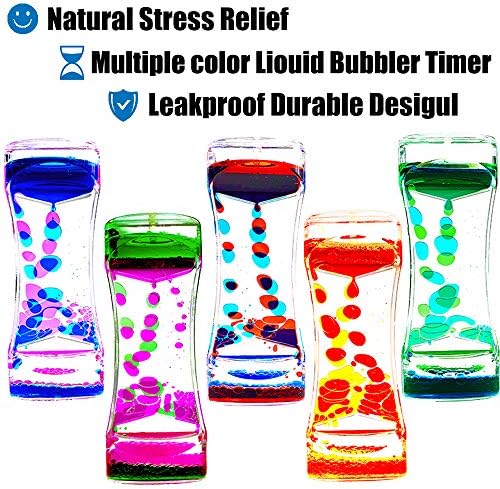 FKYTION Liquid Motion Bubbler Timer Pack of 5 Colorful Hourglass Liquid Bubbler Sensory Anxiety Toys Autism ADHD Fidget Toys Children Activity Calm Relaxing Desk Toys for Kid's Teenager Adults