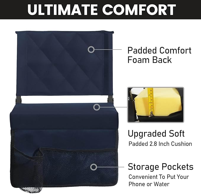 Sheenive Stadium Seats for Bleachers with Back Support, Bleacher Seats with Backs and Cushion Wide, Padded Portable Folding Comfort Stadium Chair with Shoulder Strap,Perfect for Sport Events Navy Blue