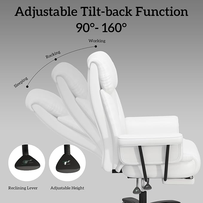 GYI 160° Reclining Office Chair with Footrest, Big and Tall High Back Home Office Chair, Leather Computer Desk Chair with Cross Legged Seat, Arms, Wheels, White