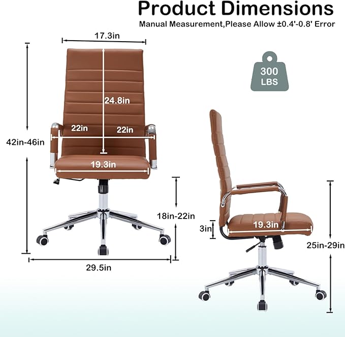 Brown Leather Ribbed Office Desk Chair, Ergonomic High-Back Executive Conference Room Chairs with Wheels, Adjustable Swivel Computer Task Chair with Arms and Thick Padded Seat