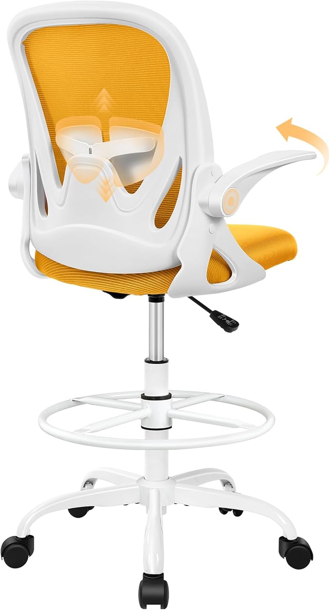 Primy Drafting Chair Tall Office Chair with Flip-up Armrests Executive Ergonomic Computer Standing Desk Chair with Lumbar Support and Adjustable Footrest Ring (Mustard)
