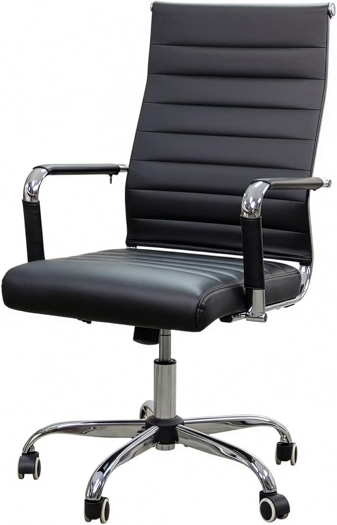 Modern Leather Conference Room Chairs,Home Office Chair Ribbed, Ergonomic Executive Office Desk Chairs, High Back Computer Chair, Adjustable Swivel Chair with Arms (Black)