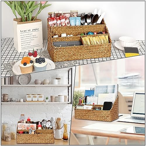 BTSKY Woven Storage Basket, Seagrass Desk Organizer with 4 Compartments