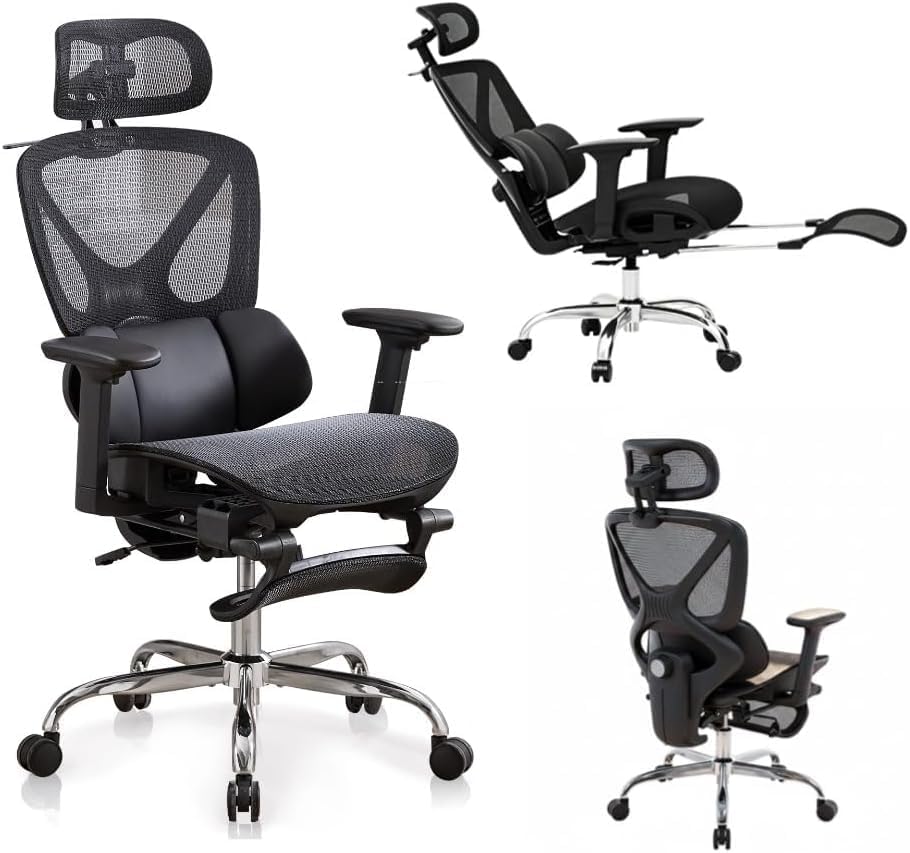 LuxErgo High Back Ergonomic Mesh Office Chair, Home Desk Chair with Adjustable Lumbar Support Foot Rest, 3D Headrest and Armrests, 350lbs Big and Tall High Back Reclining Gaming Chair, Black