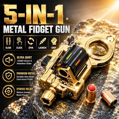 Metal Fidget Toys Gun for Adults: EDC Stress Relief Fidget Spinner Toy, 5 in 1 Mini Cool Fidgets Guns with Slider & Finger Ring for Men (JJ007 - Gold)