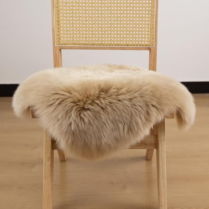 LLB Sheepskin Chair Cushion Non-Slip Back Square Genuine Fur Chair Cover Silky Natural Wool Seat Cushion Pad Soft Area Rugs Carpet for Home Office Restaurant Chair 18x18 Inch (Pack of 1), Tan