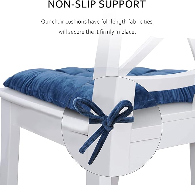 ELFJOY 4 Pack Chair Cushions for Dining Chairs Chair Pads Cushion for Kitchen Office Tufted Square Seat Cushion with Ties (16" Navy Velvet)