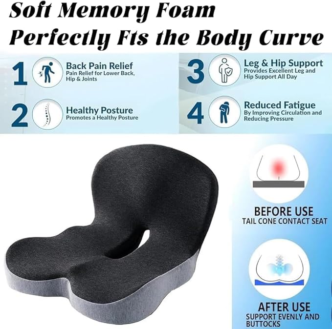 Orthopedic Cushion Seat Cushion,L-Shaped Lumbar Support,Breathable,Design for Office Chair,Car,Wheelchair Ergonomic Non Slip MemoryFoam Seat Skin with Back Support (Black)