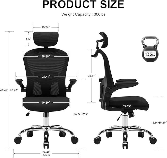 Ergonomic Office Chair with Headrest and Adjustable Lumbar Support, Mesh Back Computer Desk Chair, Flip-Up Armrest, 360° Swivel Rolling Chair for Home Office Study Gaming(Black)