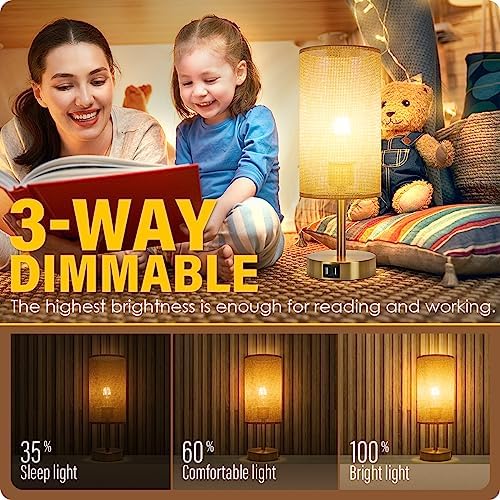 Yarra-Decor Bedside Lamp with USB Port - Touch Control Table Lamp for Bedroom Wood 3 Way Dimmable Nightstand Lamp with Round Flaxen Fabric Shade for Home Office (LED Bulb Included) (Y - NET)