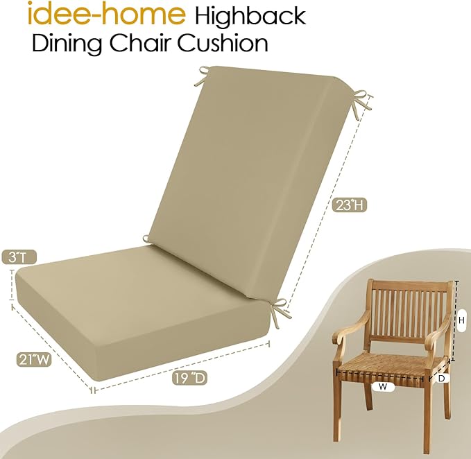 idee-home Outdoor Dining Chair Cushion, Patio Seat Cushion High Back Waterproof Seat Pads with Removable Cover, Indoor Chair Pads Deep, Antique Beige