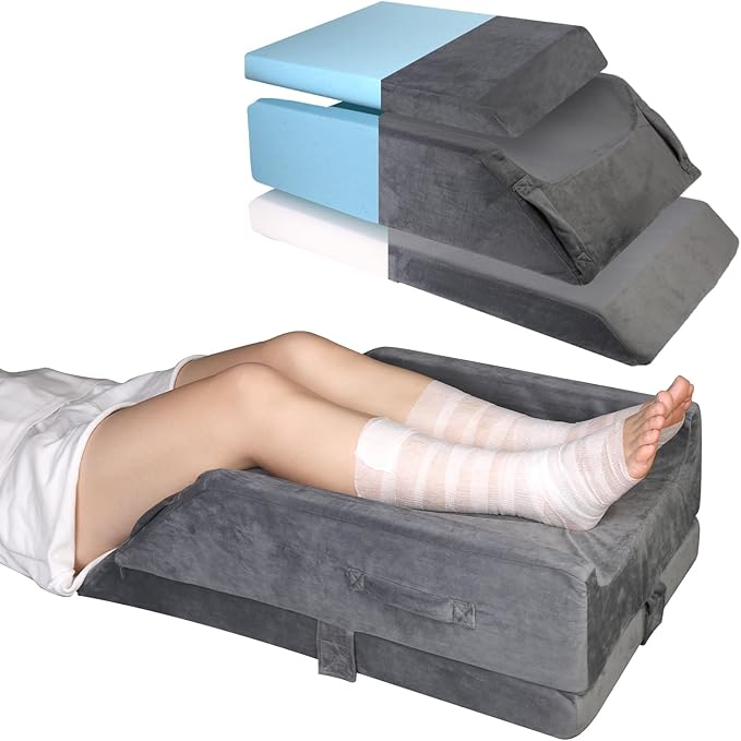 3-Height Adjustable Wide Leg Elevation Pillows for After Surgery or Sleeping, Memory Foam Support for Both Legs, Knee & Ankle Wedge for Swelling & Circulation, Removable Washable Velvet Cover