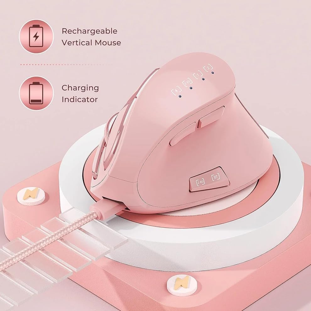 Vertical Mouse, Wireless Ergonomic Optical Mouse (BT 5.0 + Bluetooth 3.0 + USB Connection) with 9 Buttons, Rechargeable Computer Mouse for Wins PC/Laptop, Mac (Pink)
