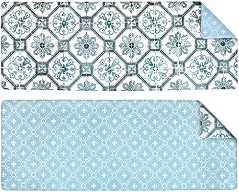 OPUX Anti Fatigue Kitchen Floor Mat, Reversible Cushioned Memory Foam Kitchen Rug Pad, Waterproof Non-Slip Padded Comfort Standing Mat Office Laundry Home, 47x17 (Floral Tile Blue)