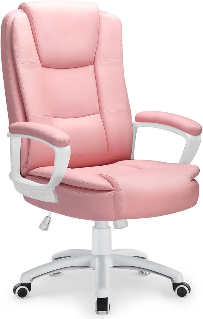LEMBERI Office Desk Chair, Managerial Executive Chair, High Back Computer Chair, Ergonomic Height Adjustable PU Leather Chairs with Padded Armrest for Long Time Sitting, Pink
