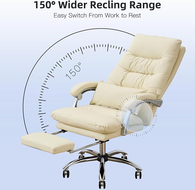 Office Chair with Foot Rest, High Back 155° Reclining, Leather Office Desk Computer Chair, Swivel Computer Desk Chair with Wheels