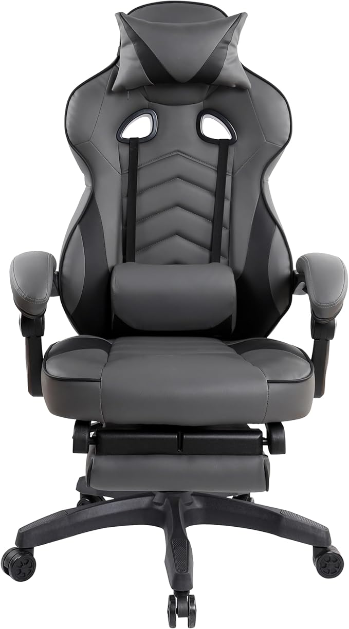 Executive Office or Gaming Chair with Footrest, Padded PU Leather Office Chair with 150-Degree Recline, Lumbar Support & Headrest Pillow, Grey