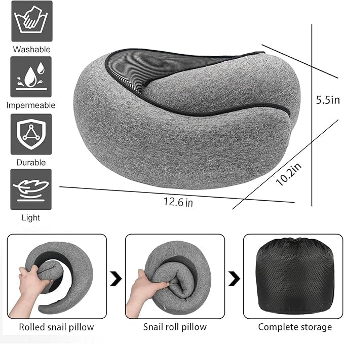 SZXYX Travel Pillows - 100% Pure Memory Foam Neck Pillow for Airplanes, Comfortable Breathable Cover, 360° Support Stowable Pillows for Sleeping, Car, Airport Travel Essentials, Charcoal Grey