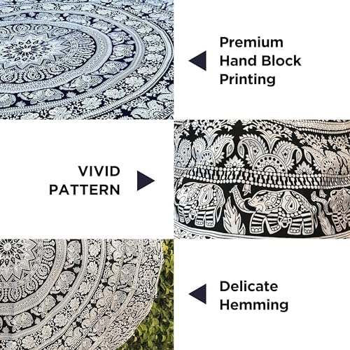 raajsee Black White Round Beach Tapestry Hippie/Boho Beach Blanket Mandala/Indian Cotton Throw - Round Tablecloth/Home Decor/Indie Rug Yoga Mat Meditation Picnic Rugs 127 CM / 50 INCHE Circle