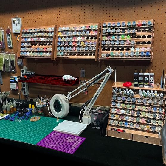 Plydolex Plywood Storage Rack - 105 Bottle Holes for 17 ml Vallejo Paints, 14 Paintbrush Slots, 6 Miniature Stands, 2 Drawers, a Shelf & a Brush Tray - Works for DnD, Warhammer 40K and Other Minis