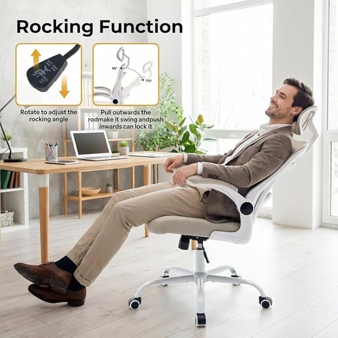 Ergonomic Mesh Office Chair, High Back Desk Chair with Adjustable Lumbar Support & Headrest, Flip-Up Armrests, 300 Lbs Capacity, Swivel Rocking Computer Chair for Home Office Study Bedroom White