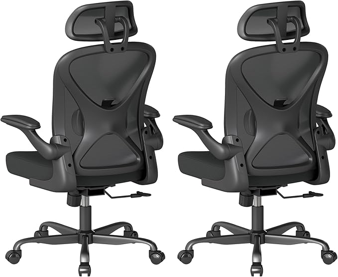 Ergonomic Office Chair Set of 2, with Adjustable Lumbar Support, Mesh Fabric Home Office Chair with Headrest, 360° Swivel and Flip-Up Armrests, Black