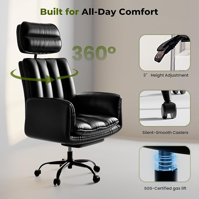 HOMRELEXA Criss Cross Office Chair with Armrests & Wheels, Comfy Big and Tall Chair, Ergonomic Executive Gaming Computer Chairs with Foot Rest, PU Leather Wide Seat Reclining Desk Chair, Black