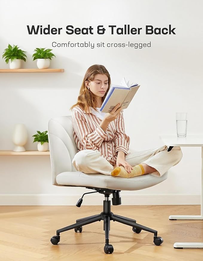 Marsail Criss Cross Chair with Wheels, Wide PU Leather Armless Desk Chair, Swivel & Height Adjustable Cross Legged Office Chair for Makeup, Small Spaces, Bedroom, Vanity